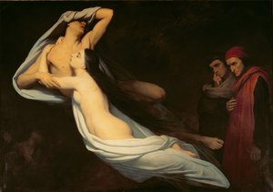 De figuren van Francesca da Rimini en Paolo da Verrucchio verschijnen aan Dante en Virgil, illustratie van Dante